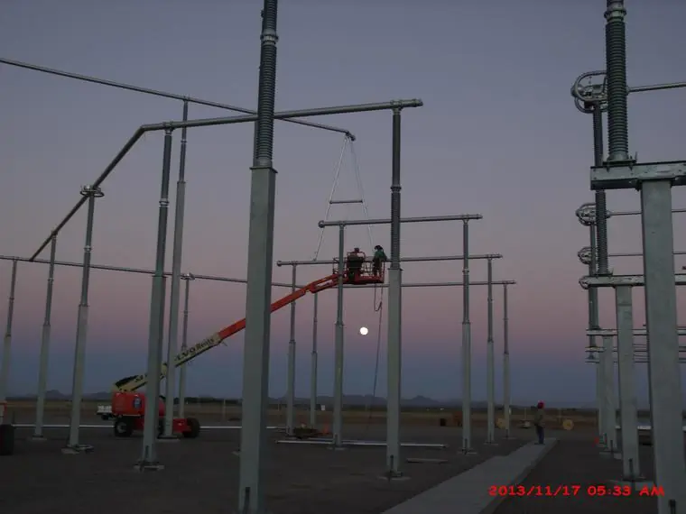 Steel structures at a 500 kV electrical substation at dusk