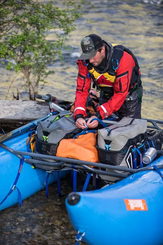 Rafter rigging gear on a blue raft fitted with the NEXUS frame