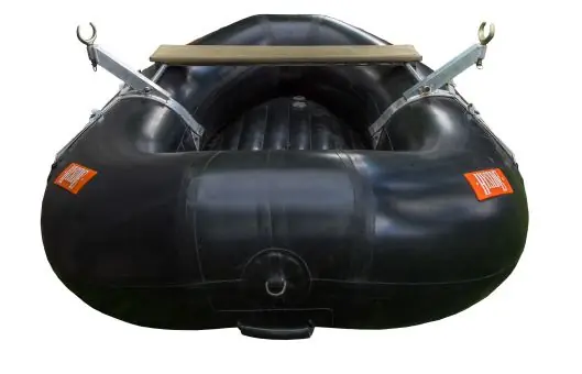 Black raft fitted with a Welfelt frame, front view